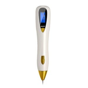 alt="Hier wordt een laser plasma pen afgebeeld - met een laser plasma pen verwijderd men moedervlekken - moedervlekken weghalen voor thuisgebruik - De pen is in de kleur wit-goud - op te laden met usb kabel"