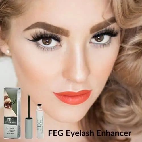 Op deze foto wordt FEG eyelash enhancer serum afgebeeld en een gezicht van een vrouw.