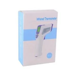 Deze foto beeld een non contact infrarood thermometer uit in de verpakking. infrarood koortsthermometer of infrarood temperatuurmeter zijn andere benamingen voor deze thermometer.