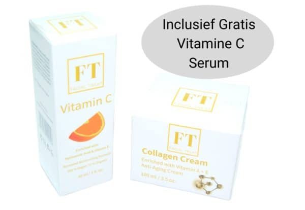 Dit is een foto van een collageen creme en een vitamine c serum samen. Dit is een combi deal. Hier worden de twee producten afgebeeld.