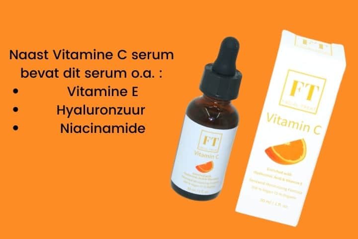 Op deze foto wordt een flesje vitamine c serum afgebeeld. Vitamine c serum wordt gebruikt voor de behandeling voor huidoneffenheden