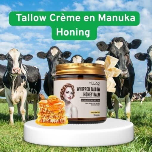 Tallow creme balm met manuka honing, koeien op de achtergrond