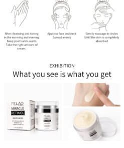 retinol creme met carnosine, hyaluronzuur, vitamine e, gezicht van een vrouw, 3 stappen hoe te gebruiken