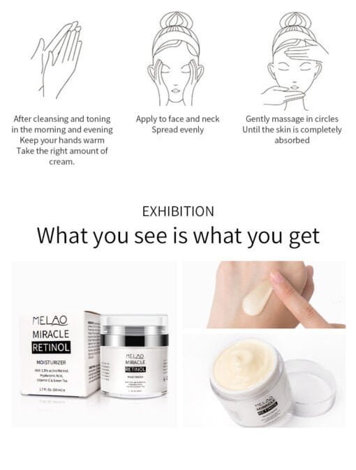 retinol creme met carnosine, hyaluronzuur, vitamine e, gezicht van een vrouw, 3 stappen hoe te gebruiken